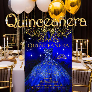 Convites Quinceanera Birthday Royal Blue Feather Tiara Dour
