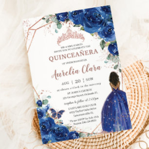 Convites Quinceañera Birthday Royal Blue Floral Brown Girl