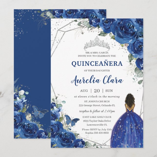 Convites Quinceañera Birthday Royal Blue Floral Princesa (Frente/Verso)