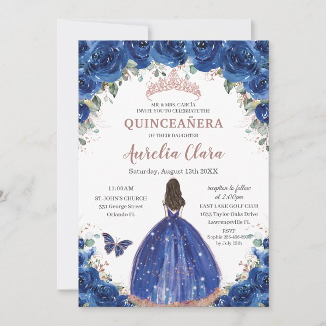 Convites Quinceañera Birthday Royal Blue Floral Princesa XV (Frente)