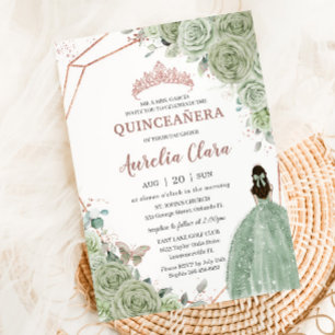 Convites Quinceañera Birthday Sage Green Rosa Dourada