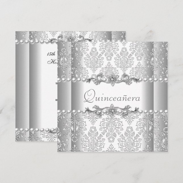 Convites Quinceañera Birthday Silver White Pearl (Frente/Verso)