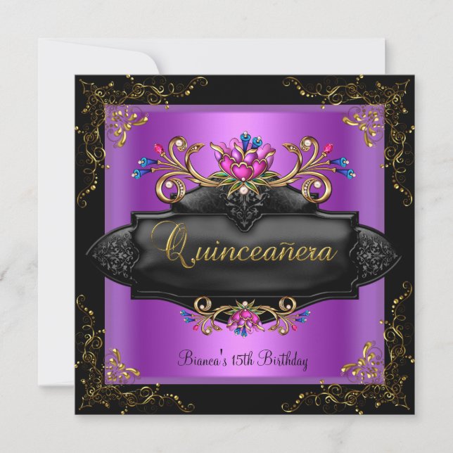 Convites Quinceanera Birthday Spople Purple Lilac Dourado F (Frente)