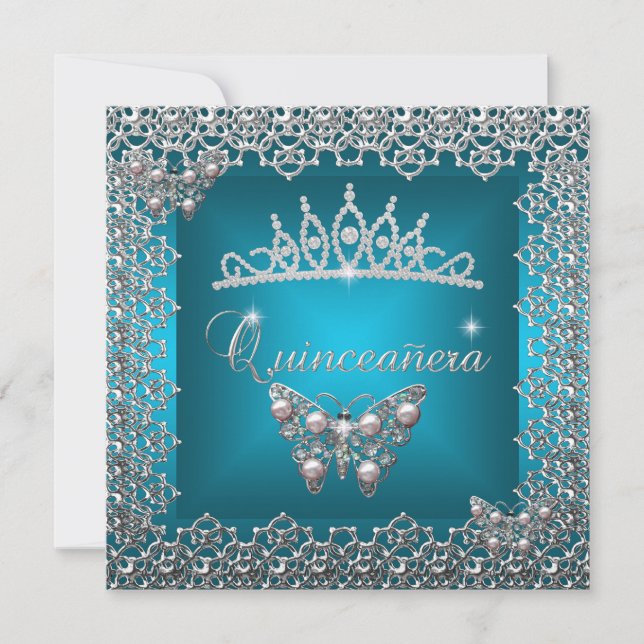 Convites Quinceanera Birthday Teal Silver Tiara Butterfly (Frente)