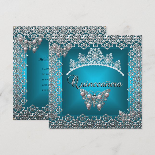 Convites Quinceanera Birthday Teal Silver Tiara Butterfly (Frente/Verso)