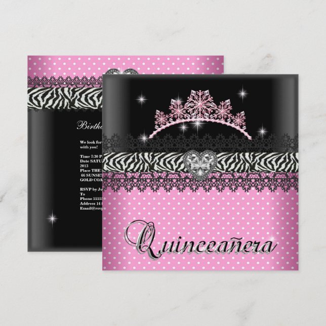 Convites Quinceanera Birthday Zebra Rosa Preto (Frente/Verso)