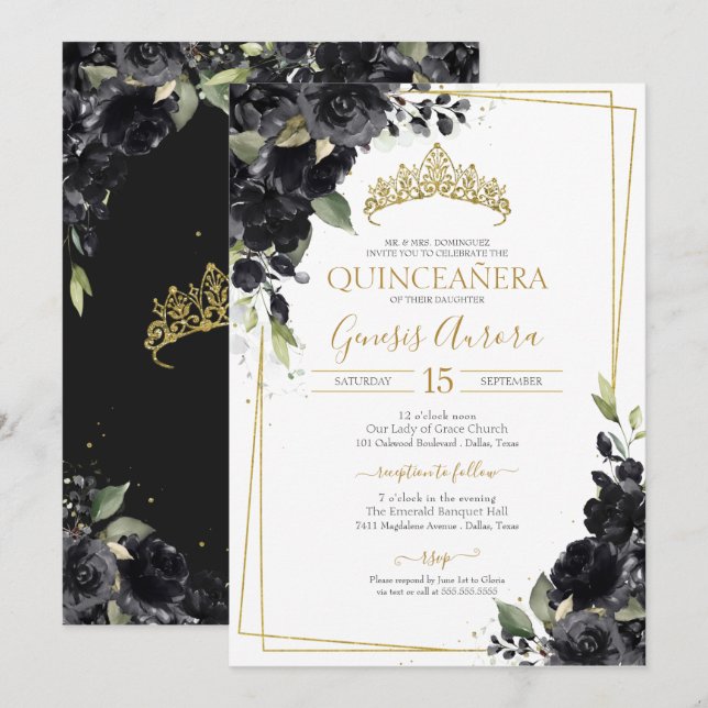 Convites Quinceañera Black & Dourado Elegante Floral (Frente/Verso)