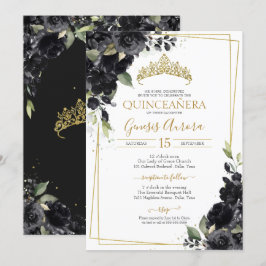 Convites Quinceañera Black & Dourado Elegante Floral