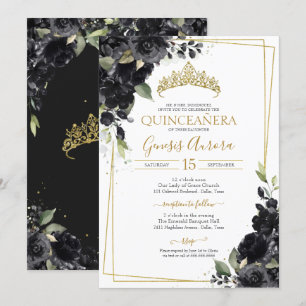 Convites Quinceañera Black & Dourado Elegante Floral