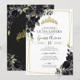 Convites Quinceañera Black & Dourado Elegante Floral