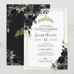 Convites Quinceañera Black & Dourado Elegante Floral