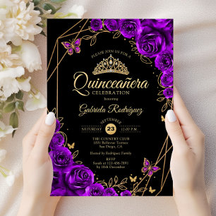 Convites Quinceanera Black Dourado Puro Floral