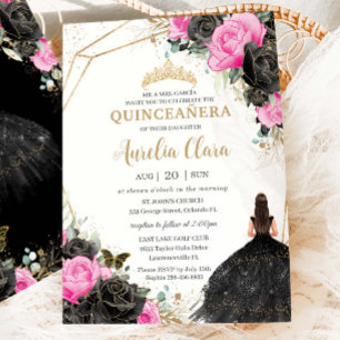 Convites Quinceañera Black Dress Fuchsia Floral Princesa
