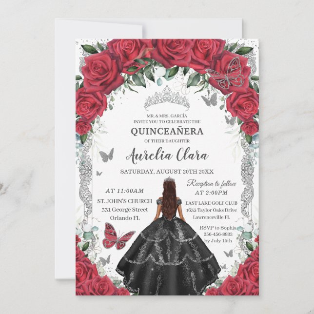 Convites Quinceañera Black Dress Red Floral Silver (Frente)