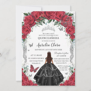 Convites Quinceañera Black Dress Red Floral Silver