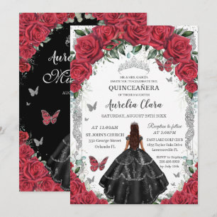 Convites Quinceañera Black Dress Rosa vermelha Floral Silve