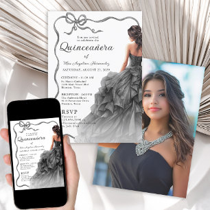 Convites Quinceañera Black Dress Scalloped Arco de Fita