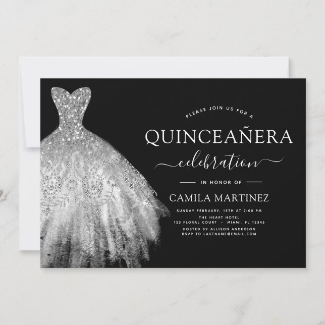 Convites Quinceanera Black e Silver Glitter Sparkle (Frente)