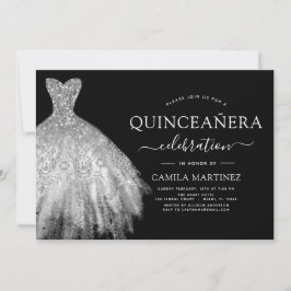 Convites Quinceanera Black e Silver Glitter Sparkle