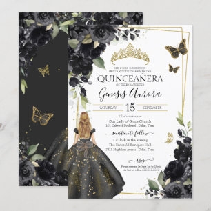 Convites Quinceañera Black Floral Dourada Borboleta Vestida