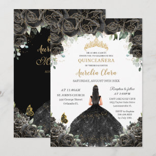 Convites Quinceañera Black Floral Flowers Garota Vestida Do