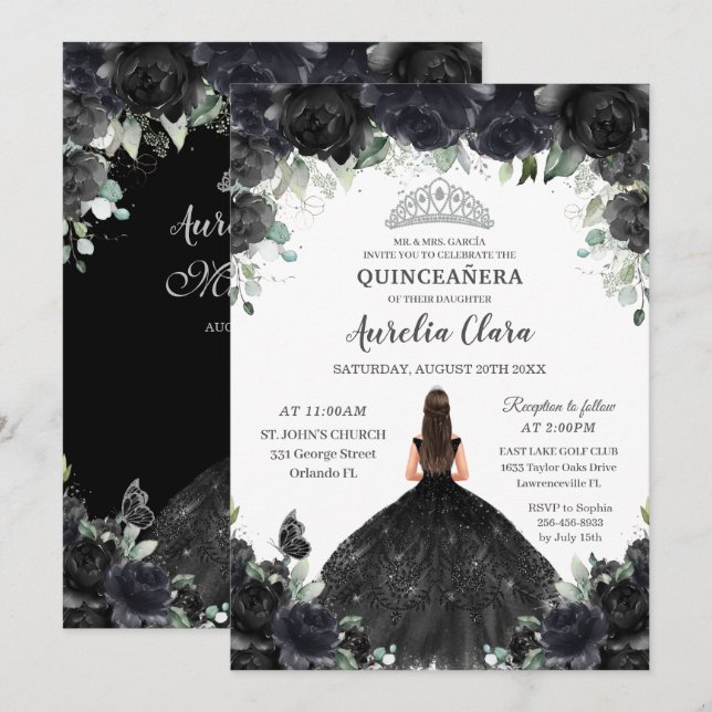Convites Quinceañera Black Floral Flowers Garota Vestida Pr (Frente/Verso)