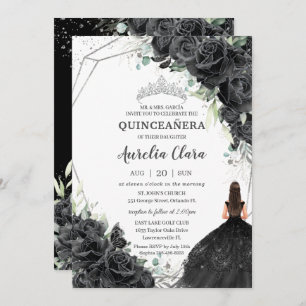 Convites Quinceañera Black Floral Rosa Vestir Prata Coroa