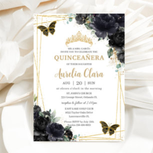 Convites Quinceañera Black Floral Rosas Borboletas Douradas