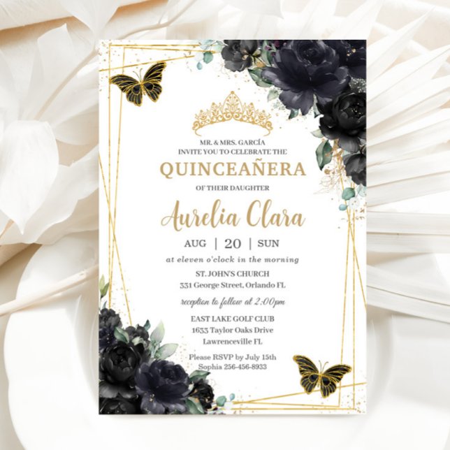 Convites Quinceañera Black Floral Rosas Borboletas Douradas (Criador carregado)