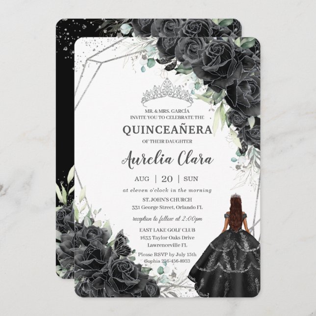 Convites Quinceañera Black Floral Rosas Brown Tan Princess (Frente/Verso)