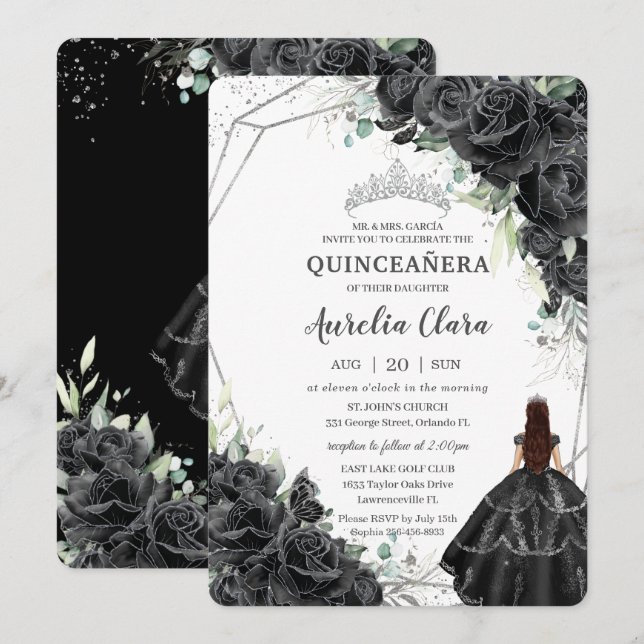 Convites Quinceañera Black Floral Rosas Gown Silver Crown (Frente/Verso)