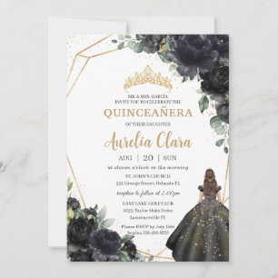 Convites Quinceañera Black Floral Rosas Princesa Dourada Cr