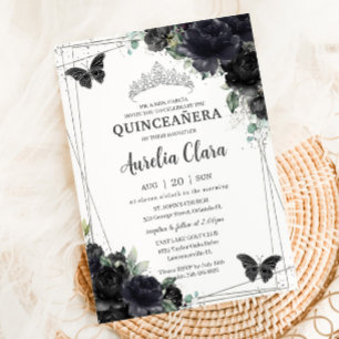 Convites Quinceañera Black Floral Rosas Princesa Silver
