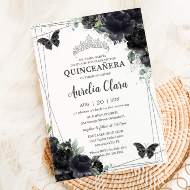 Convites Quinceañera Black Floral Rosas Princesa Silver (Criador carregado)