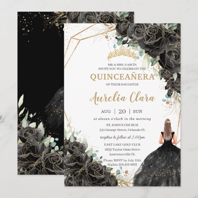 Convites Quinceañera Black Floral Rosas Vestir Dourada Coro (Frente/Verso)