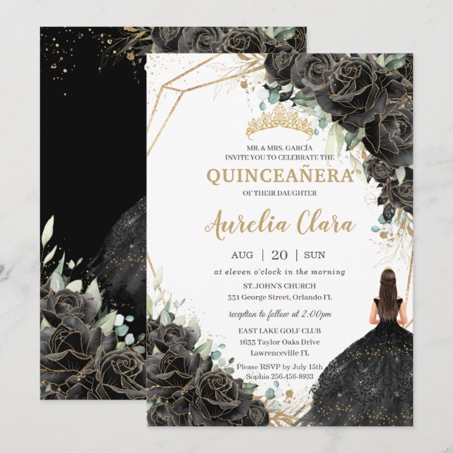 Convites Quinceañera Black Floral Rosas Vestir Dourada Coro (Frente/Verso)