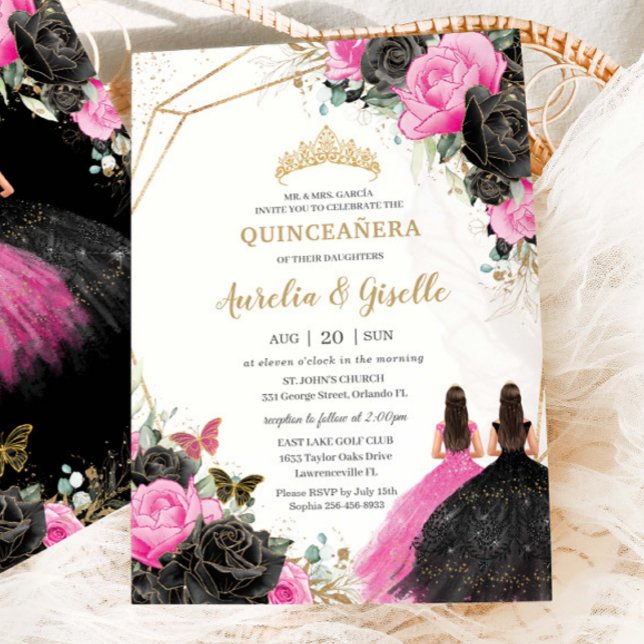 Convites Quinceañera Black Fuchsia Floral Princesa Gêmeos (Criador carregado)
