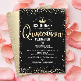 Convites Quinceañera Black Gold Foil Glitter Princesa Coroa