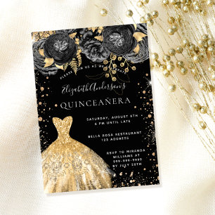 Convites Quinceanera Black Gold Glitter florais