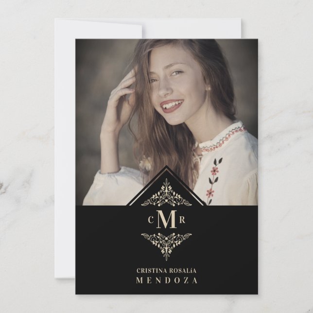Convites Quinceañera Black Golden Chic Lace Romantic Photo (Frente)