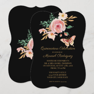 Convites Quinceañera Black n Blush Butterfly w Flowers Dour