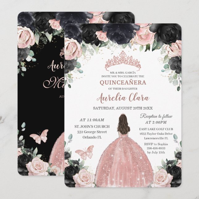 Convites Quinceañera Black Pink Rosa Floral Dourada Princes (Frente/Verso)