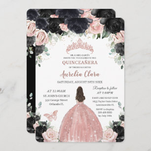 Convites Quinceañera Black Pink Rosa Floral Dourada Princes