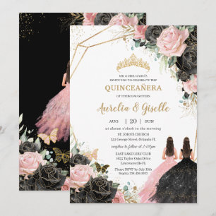 Convites Quinceañera Black Pink Roses Floral Princesa Gêmeo