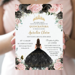 Convites Quinceañera Black Pink Roses Floral Princesa Vesti