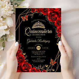 Convites Quinceanera Black Red Dourada Floral