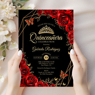 Convites Quinceanera Black Red Dourada Floral
