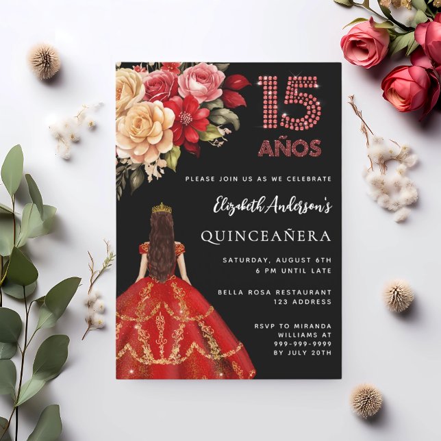 Convites Quinceanera Black Red dress rosas (Criador carregado)