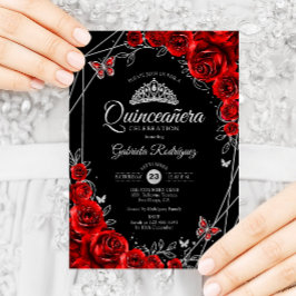 Convites Quinceanera Black Red Silver Floral