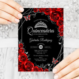 Convites Quinceanera Black Red Silver Floral